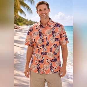 Go Barefoot Men's Short-Sleeve Hawaiian Shirt 100% Cotton Size L